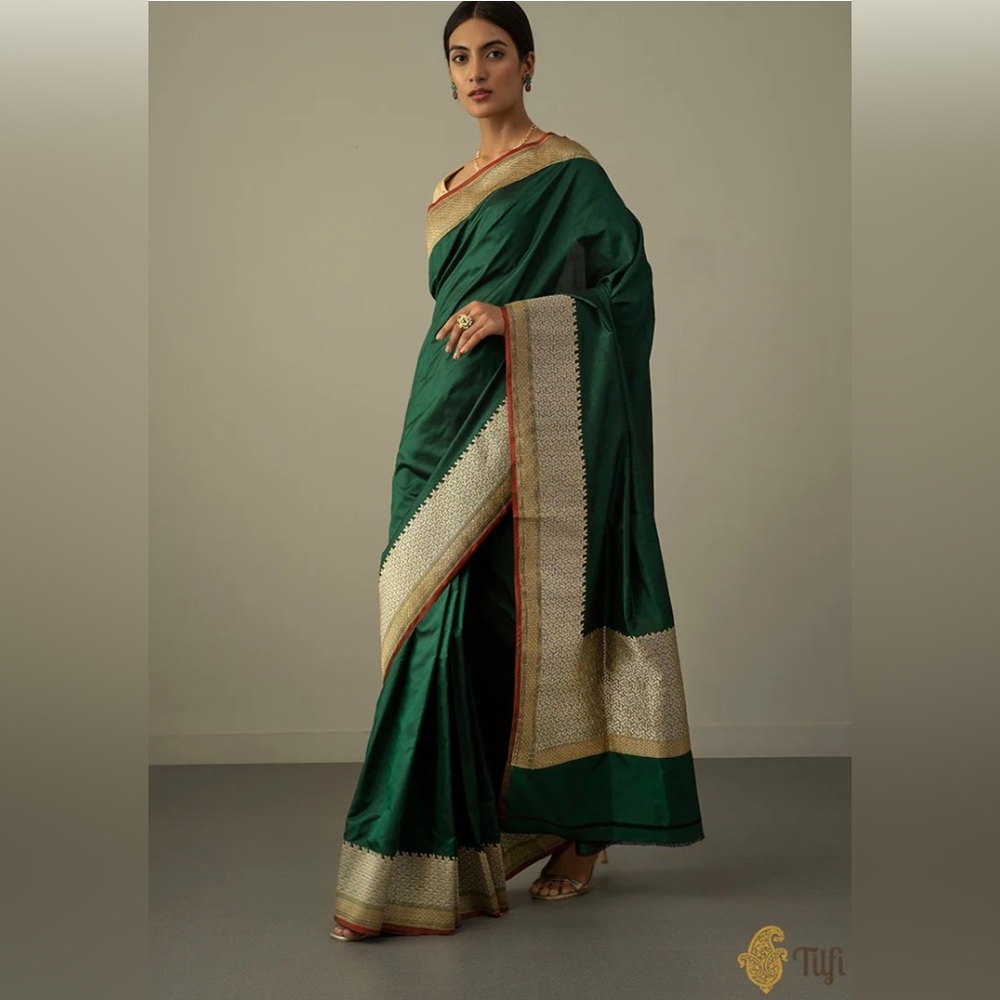 NWT Tilfi Bottle Green Pure Katan Silk Banarasi Handloom Saree